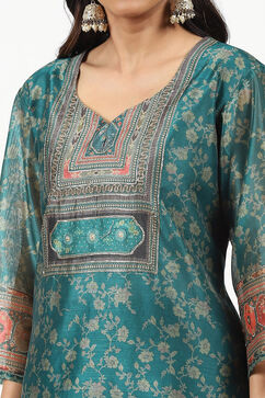 Teal Chanderi Floral Printed Unstitched Suit Set image number 4