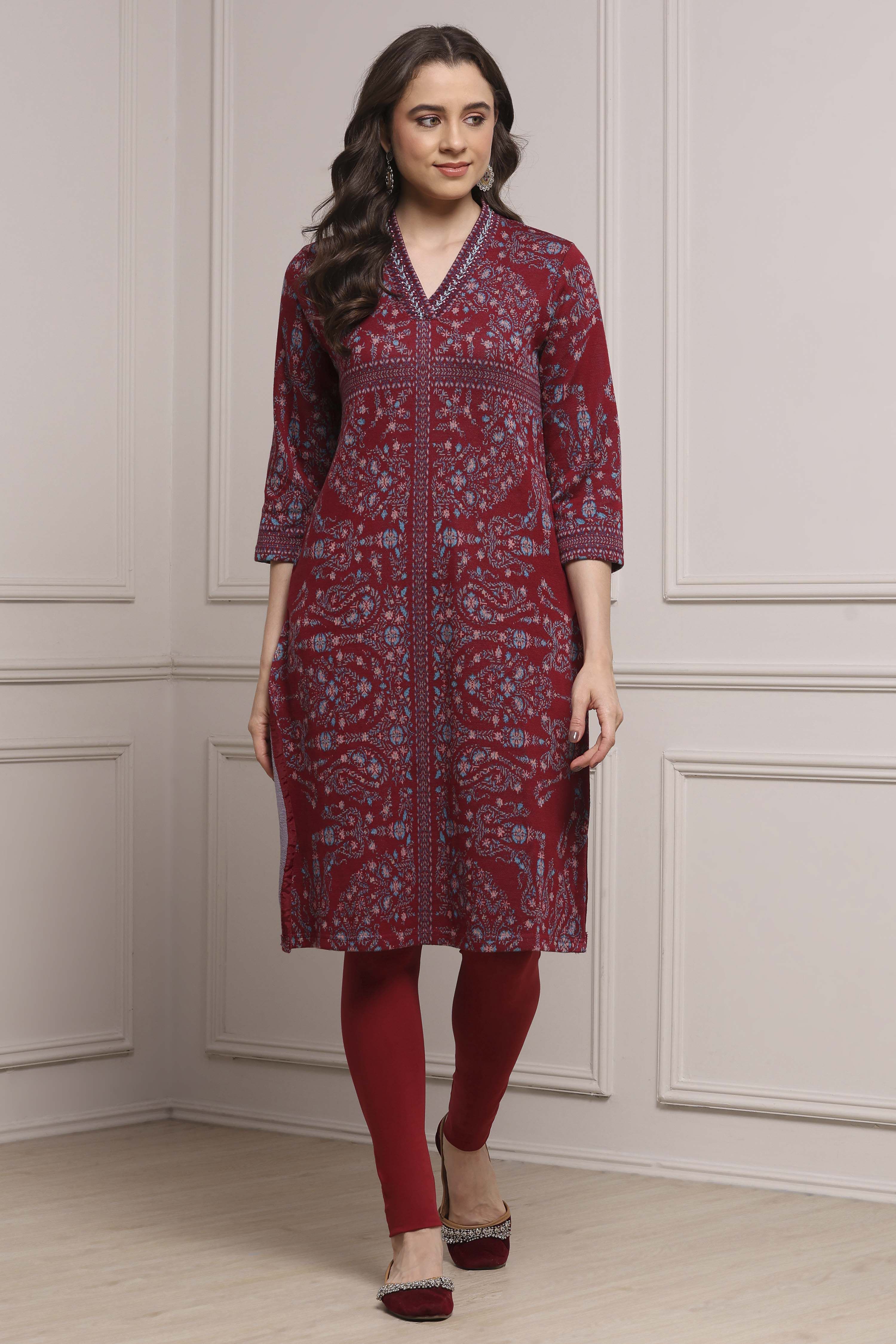 Earthy Green Yarn-Dyed Printed Straight Winter Kurta image number 5