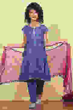 Blue Cotton Flared Printed Suit Set image number 0