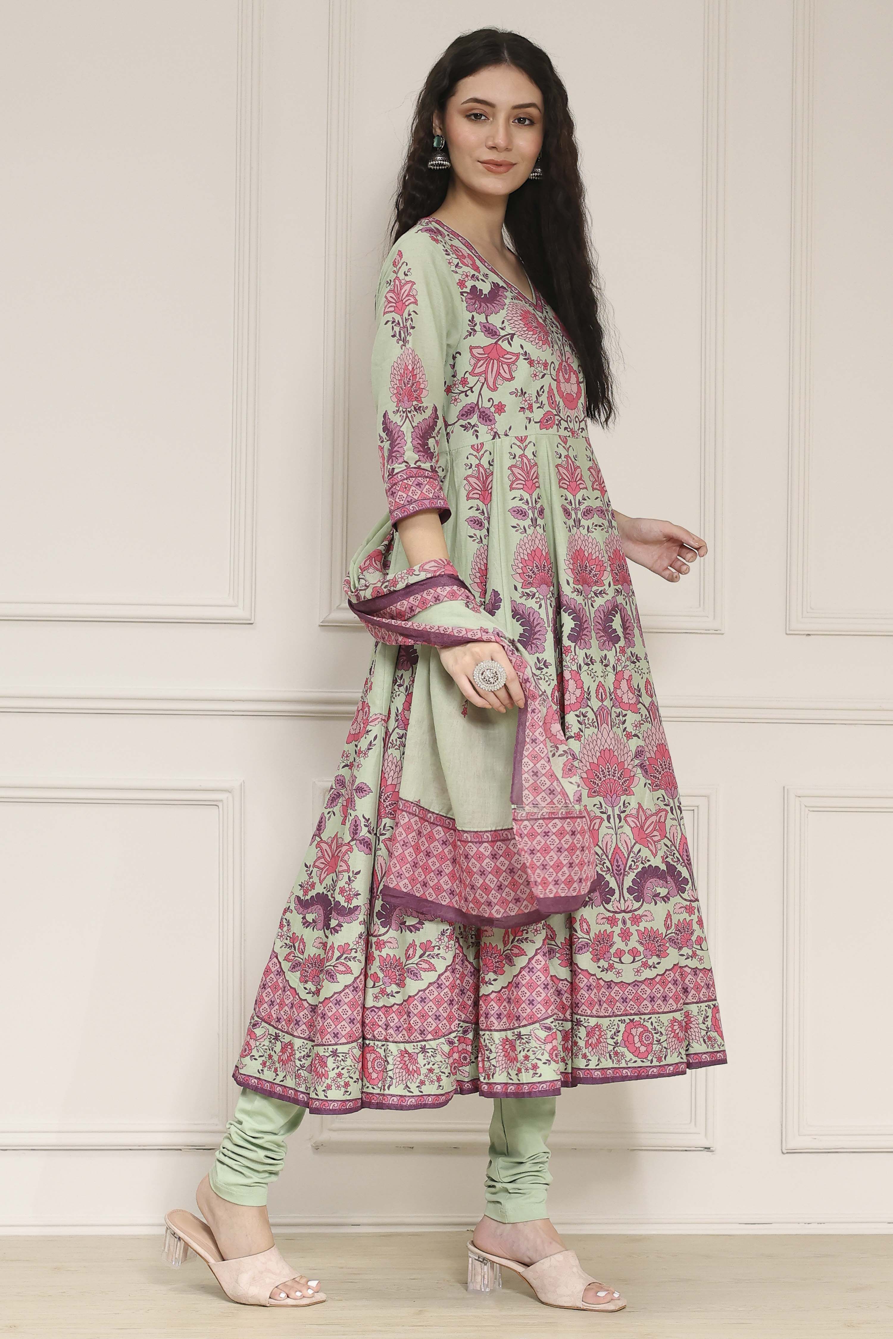 Light Pink Cotton Printed Anarkali Suit Set image number 5