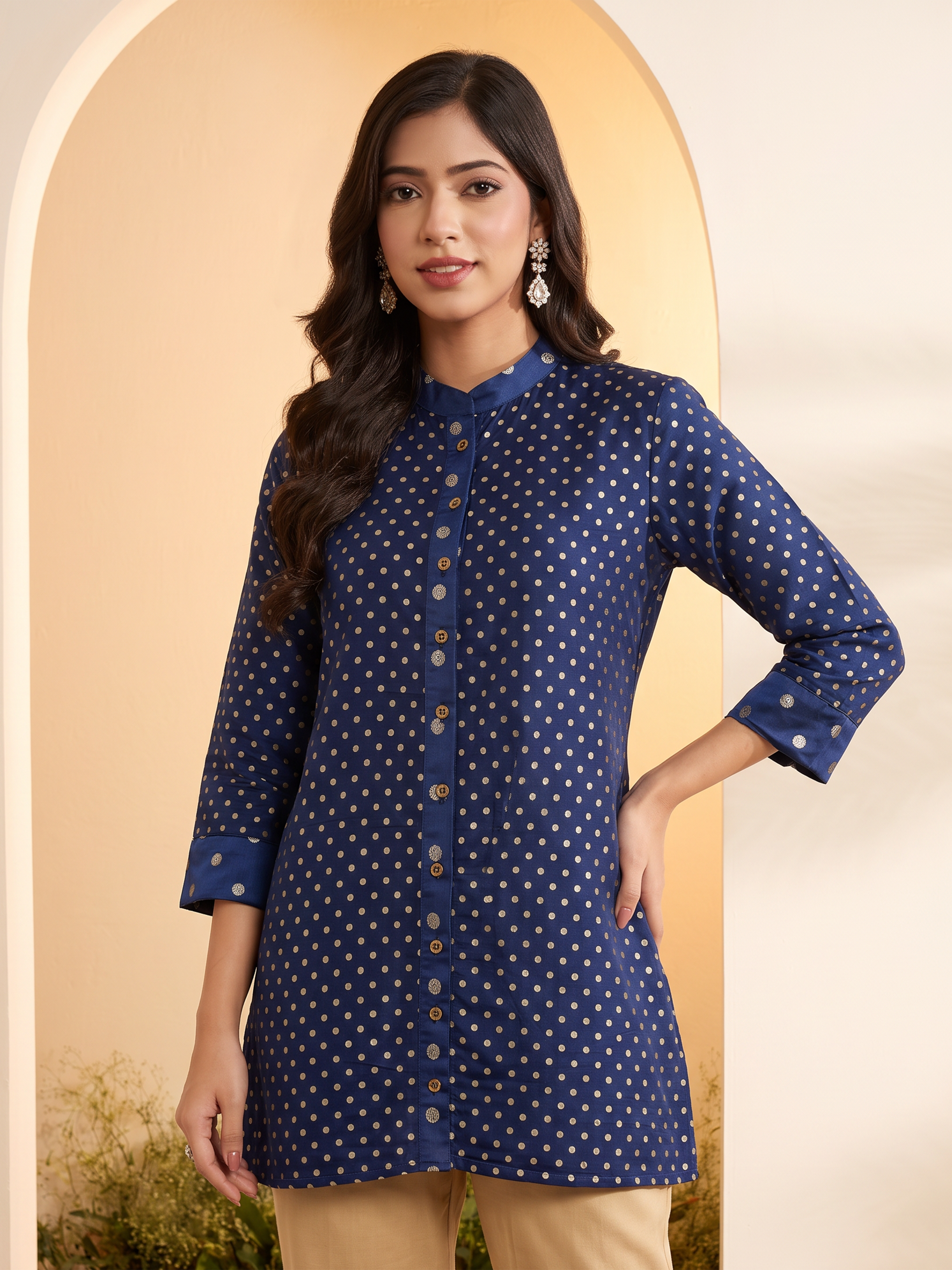 Blue Polka Dot A-Line Shirt-Style Kurti image number 5