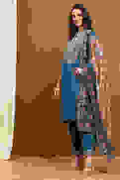 Teal Cotton Floral Printed Straight Suit Set image number 3