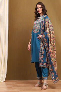 Teal Cotton Floral Printed Straight Suit Set image number 3