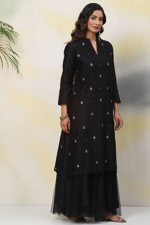 Black Straight Cotton Silk Fusion Wear 2 Piece Set image number 3