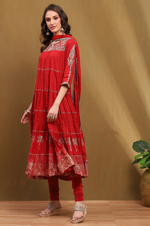 White Cotton Embroidered Tiered Anarkali Suit Set image number 3