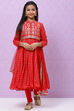 Red Cotton Girls Anarkali Kurta Churidar Suit Set image number 6