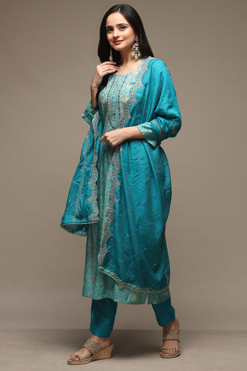 Blue Modal Machine Embroidered Unstitched Suit Set image number 5