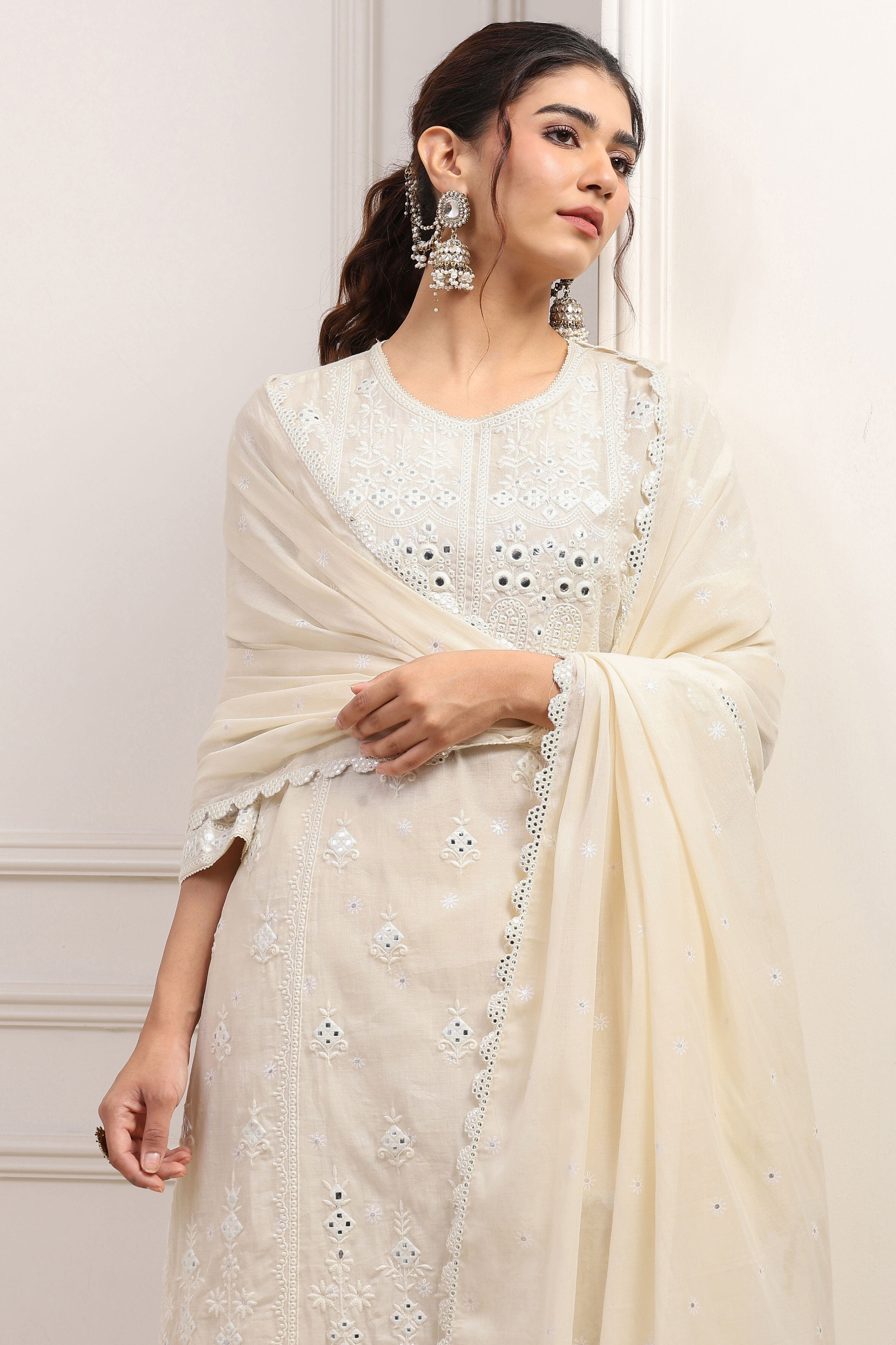 Off-White Cotton Embroidered Straight Suit Set image number 6