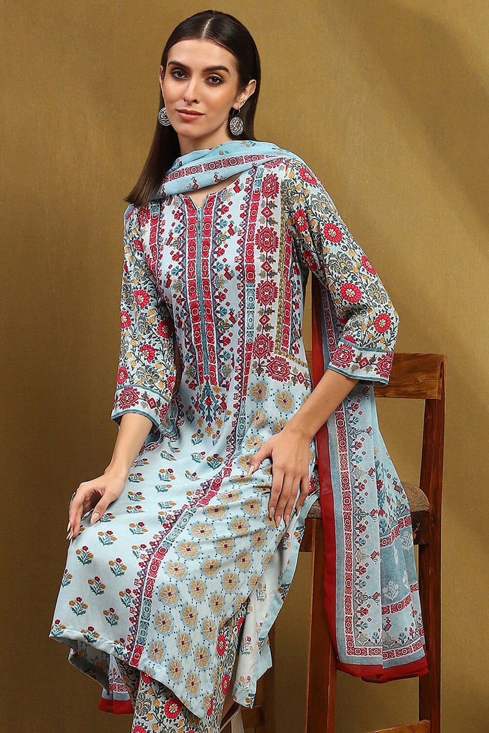 Turquoise Floral Printed Straight Suit Set image number 8