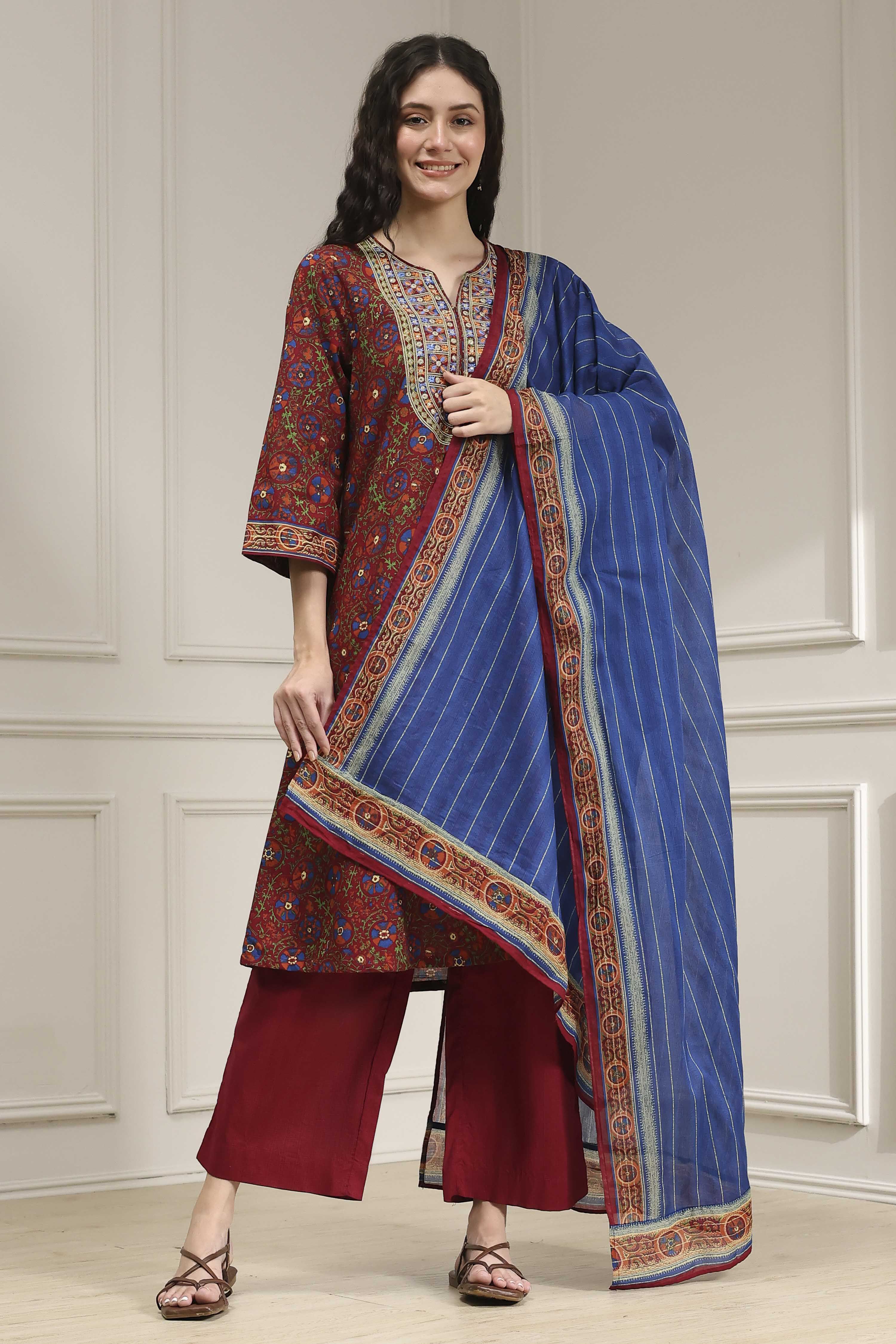 Rust and Blue Cotton Printed A-Line Suit Set image number 6