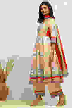 Ecru Cotton Geometric Printed Anarkali Suit Set image number 3