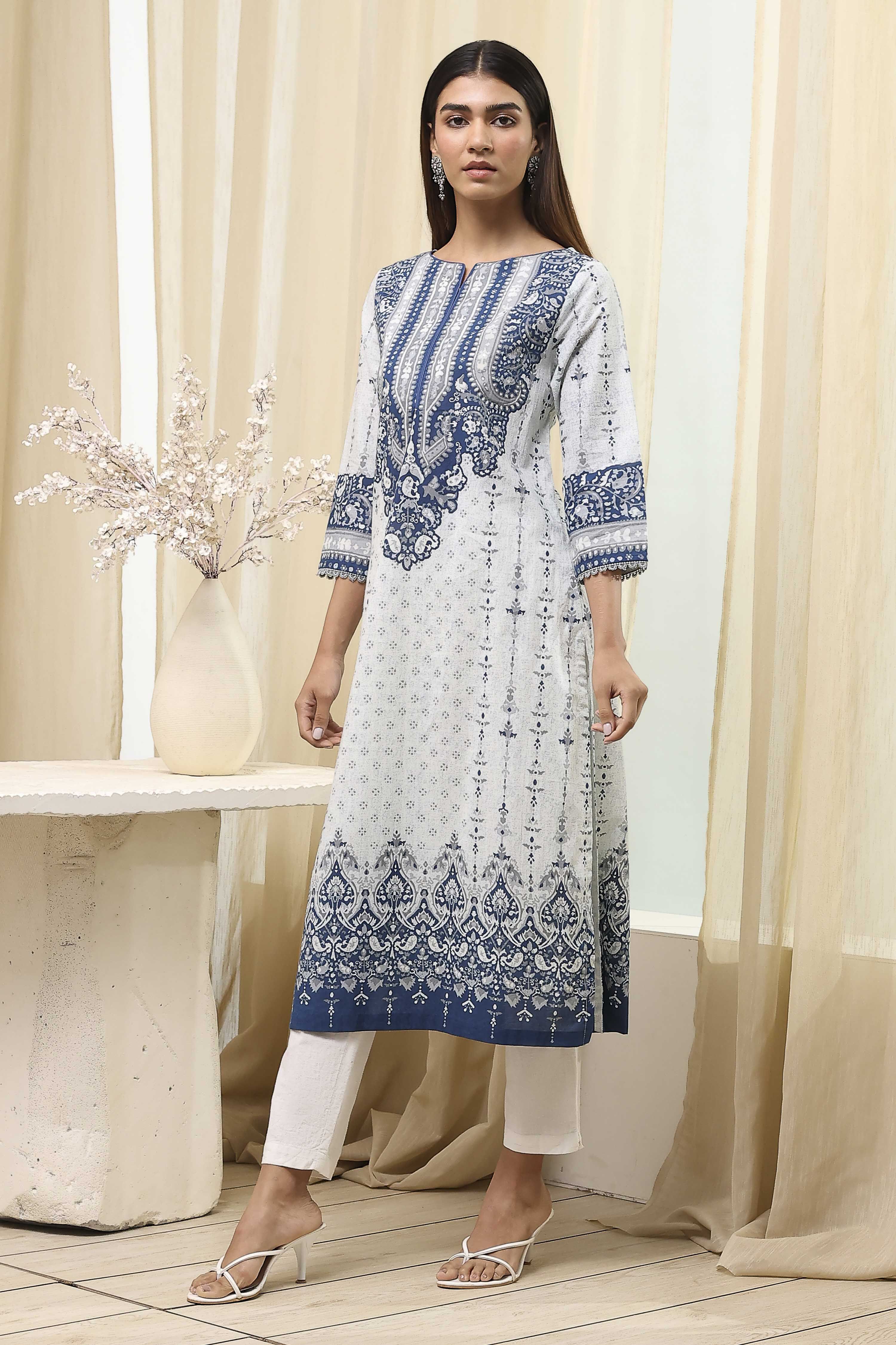 Blue Cotton Printed Straight Kurta image number 2