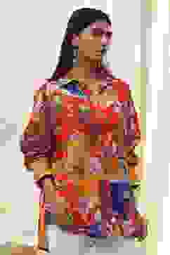 Orange Cotton Floral High-Low Shirt image number 4