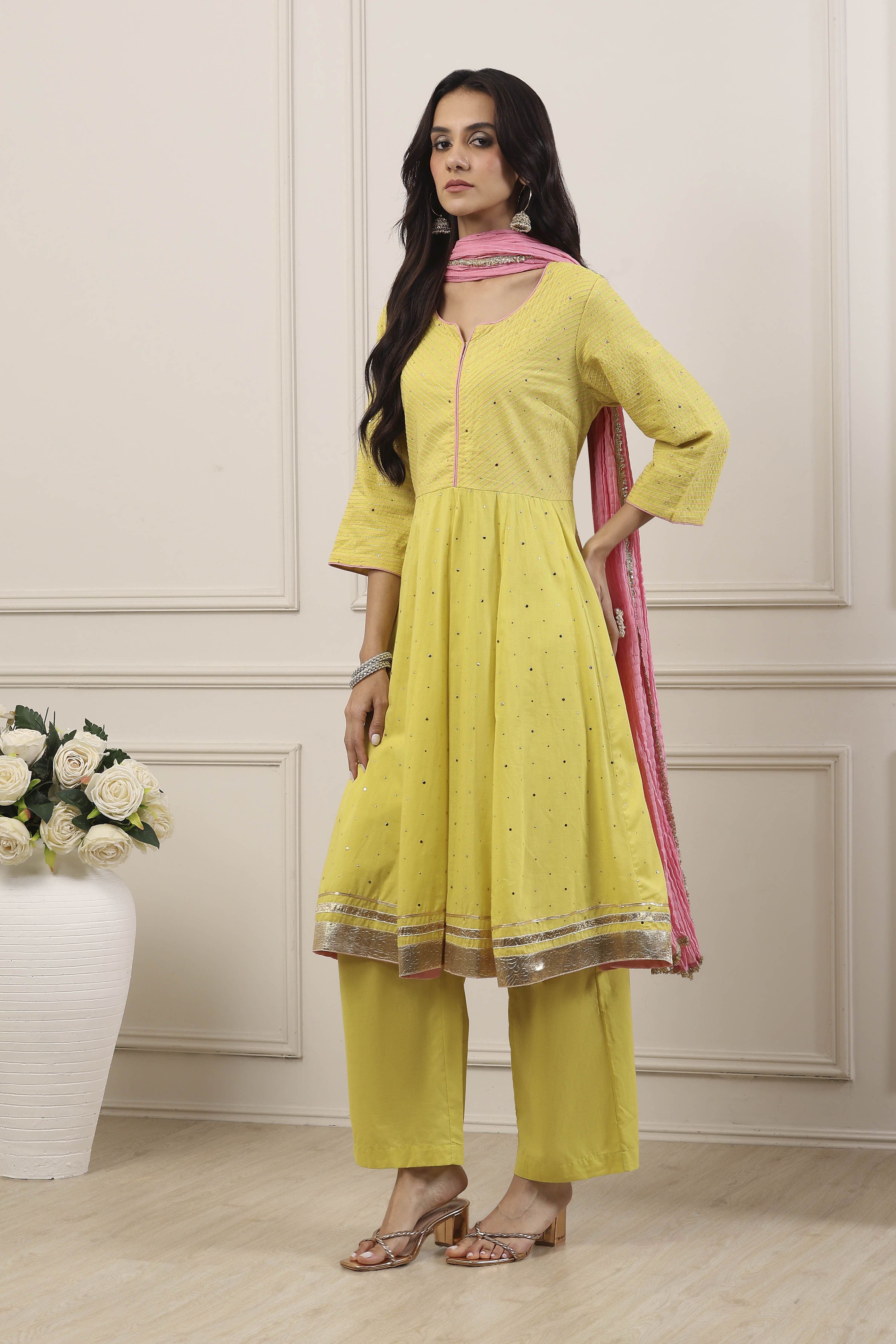 Yellow Cotton Anarkali Suit Set image number 4