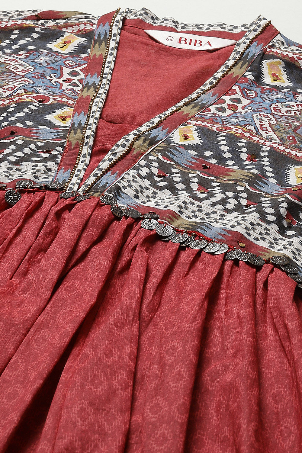 Maroon Cotton Printed Gathered Flared Suit Set image number 1