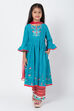 Turquoise And Red Cotton Anarkali Kurta Flared Palazzo Suit Set image number 0