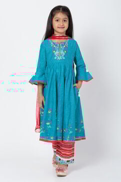Turquoise And Red Cotton Anarkali Kurta Flared Palazzo Suit Set image number 0