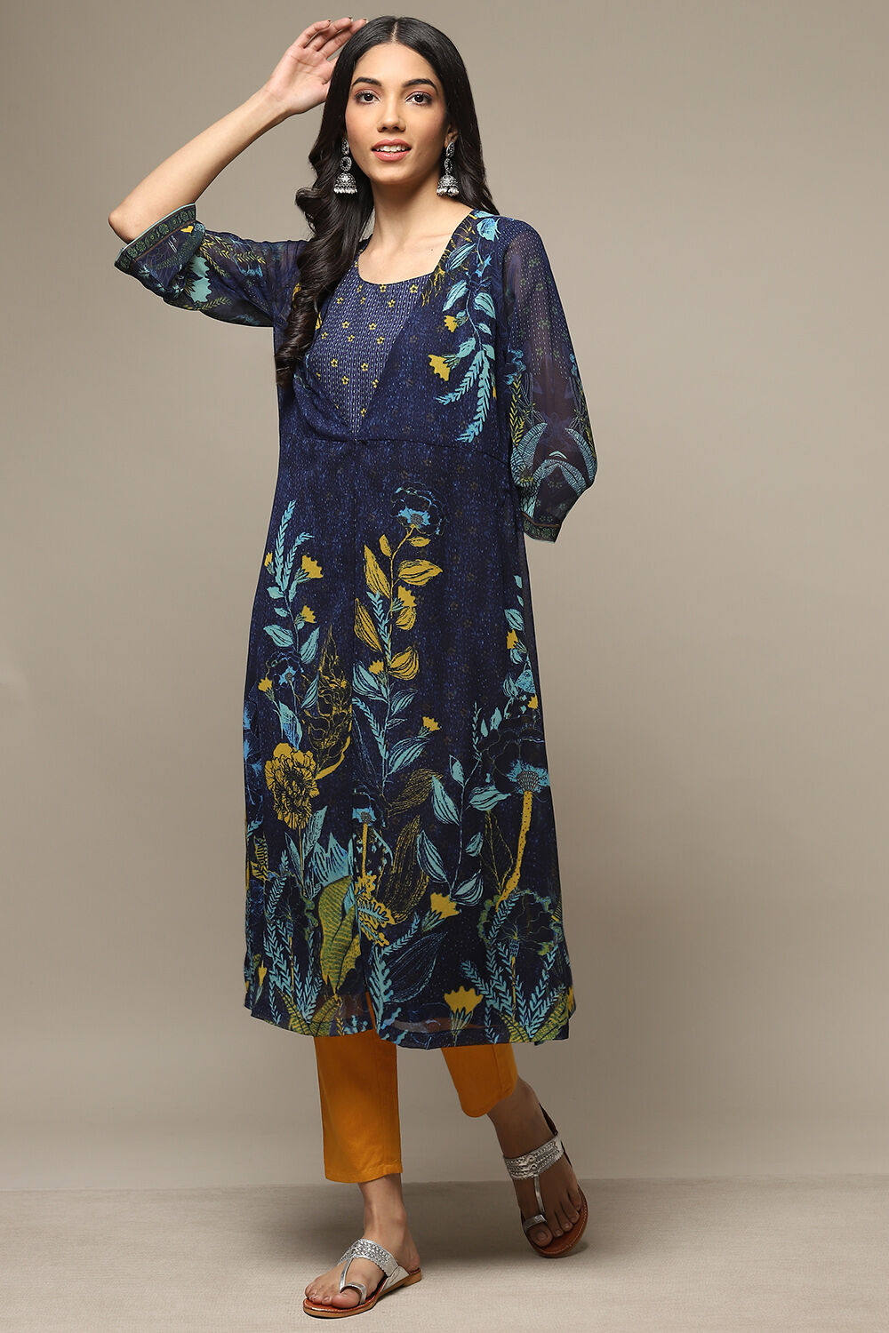 Navy Cotton Blend Straight Printed Kurta image number 0