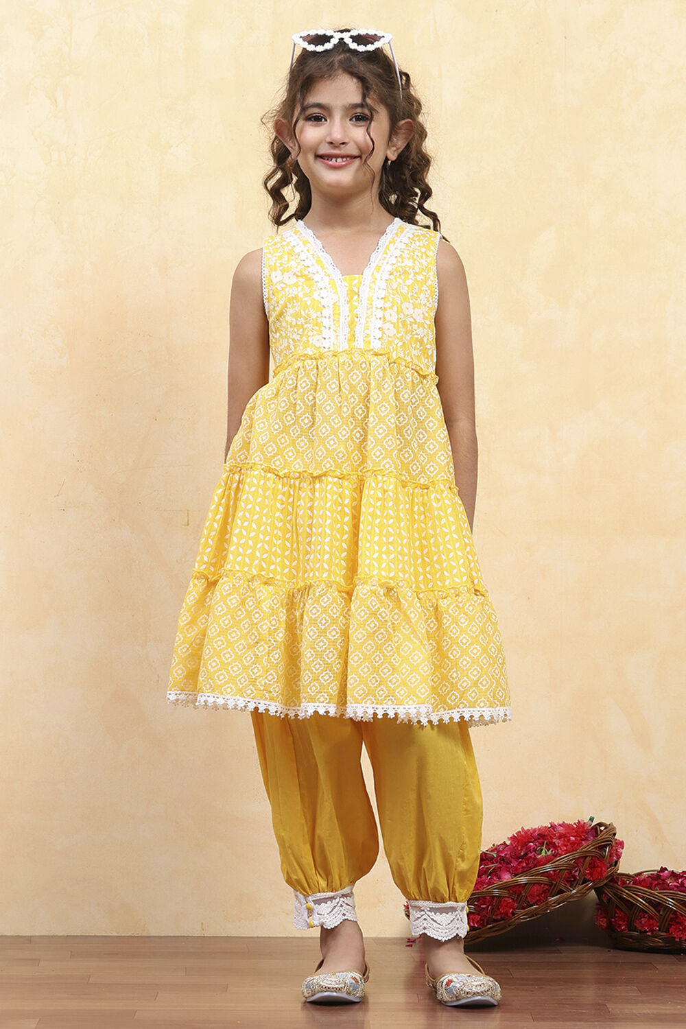 Dark Blue Cotton Tiered Printed Kurta Salwar Set image number 7