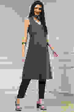 Charcoal and Rust Printed Pleated A-Line Kurta image number 5