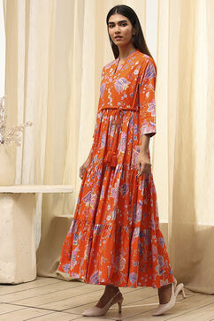 Orange Cotton Floral Tiered Dress image number 2