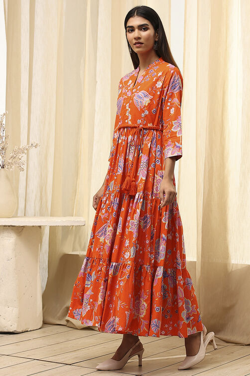 Earthy Blue Cotton Floral Tiered Dress image number 2
