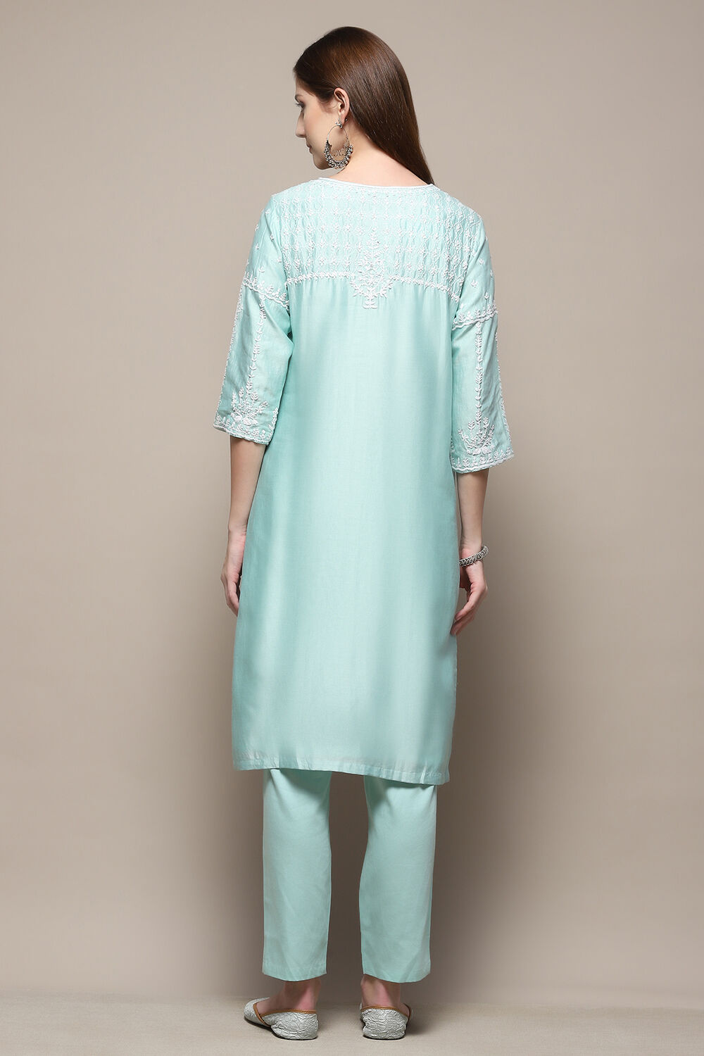 Aqua Cotton Blend Straight Kurta Pant Suit Set image number 5