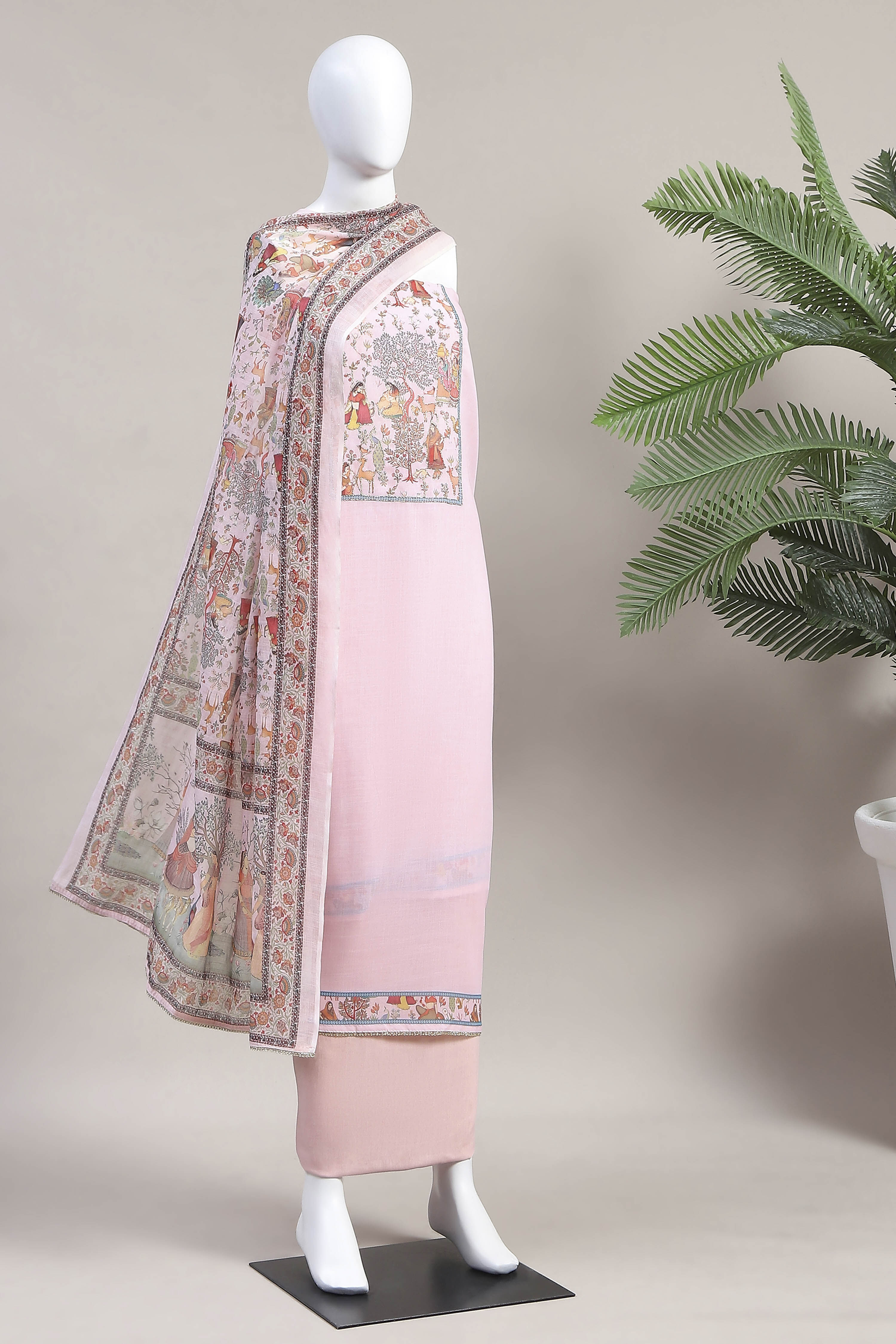 Pink Cotton Printed Embroidered Unstitched Suit Set image number 4