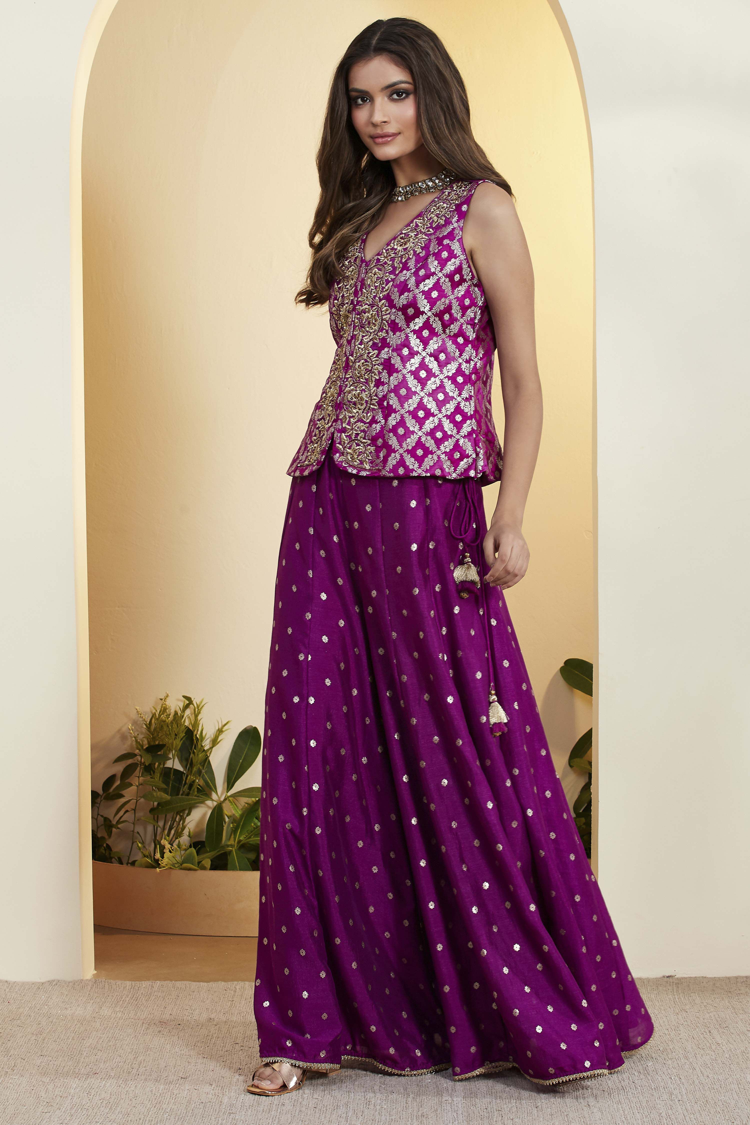 Purple Viscose Rayon Embroidered Fusion Set image number 4