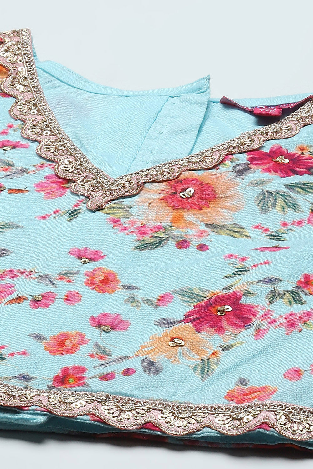 Blue Cotton Printed Blouse With Net Lehenga & Net Dupatta image number 1