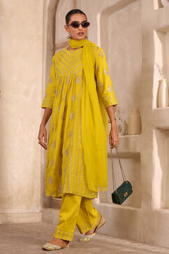 Lime Yellow Chanderi Straight Dyed Suit Set image number 6