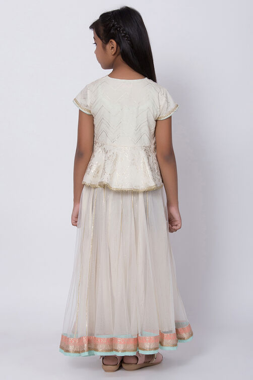 Off White Metallic Print Lehenga Set image number 4