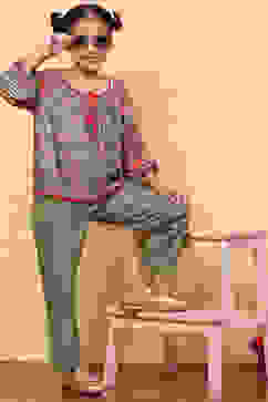 Green Viscose Blend Printed Top and Pant Set image number 0