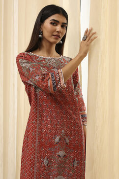 Rust Cotton Printed Straight Kurta image number 1