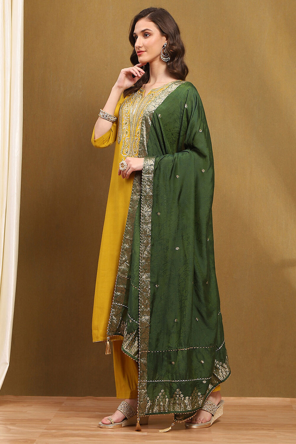Mustard Yellow Chanderi Embroidered Unstitched Suit Set image number 2