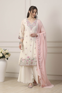 White Poly Chanderi Floral Work Straight Suit Set