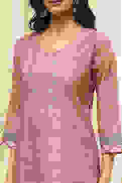 Peach Cotton Screen Print Unstitched Suit Set image number 2