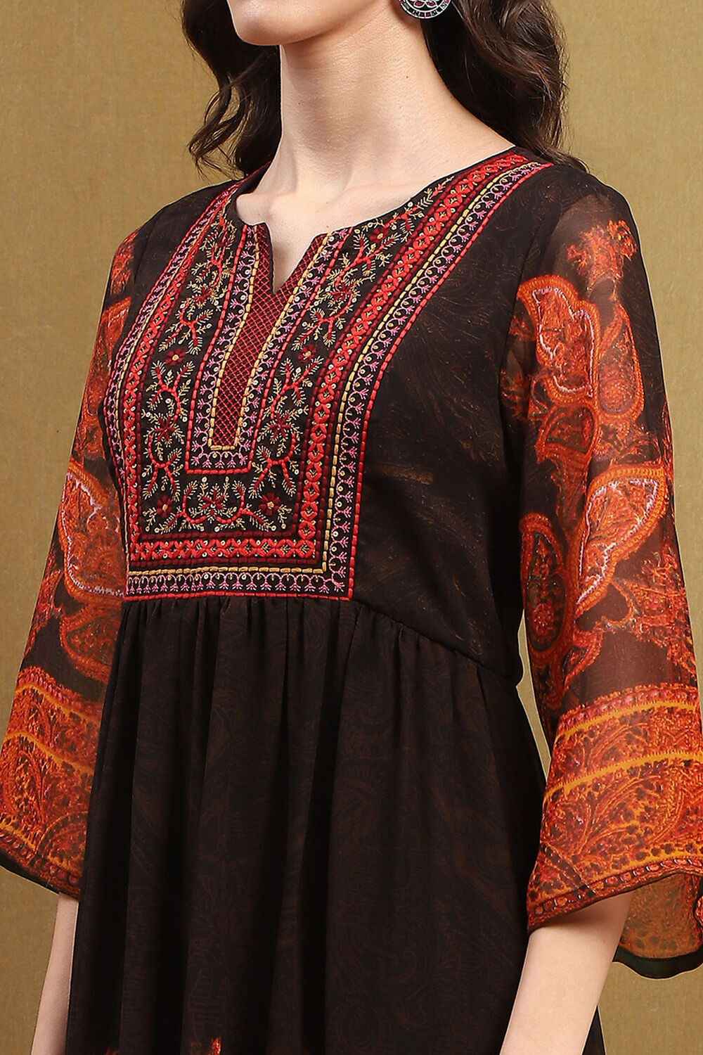 Chocolate Brown Georgette Printed Tiered Dress image number 1