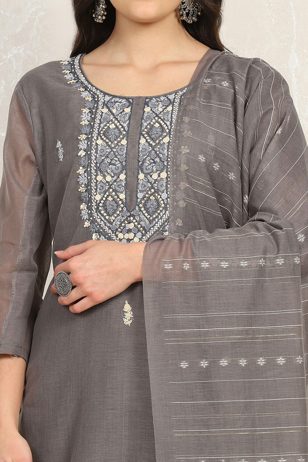 Grey Modal Hand Embroidered Unstitched Suit Set image number 2