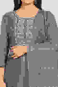 Grey Modal Hand Embroidered Unstitched Suit Set image number 2