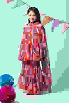 Red Polyester Gathered Printed Kurta Garara Suit Set image number 5