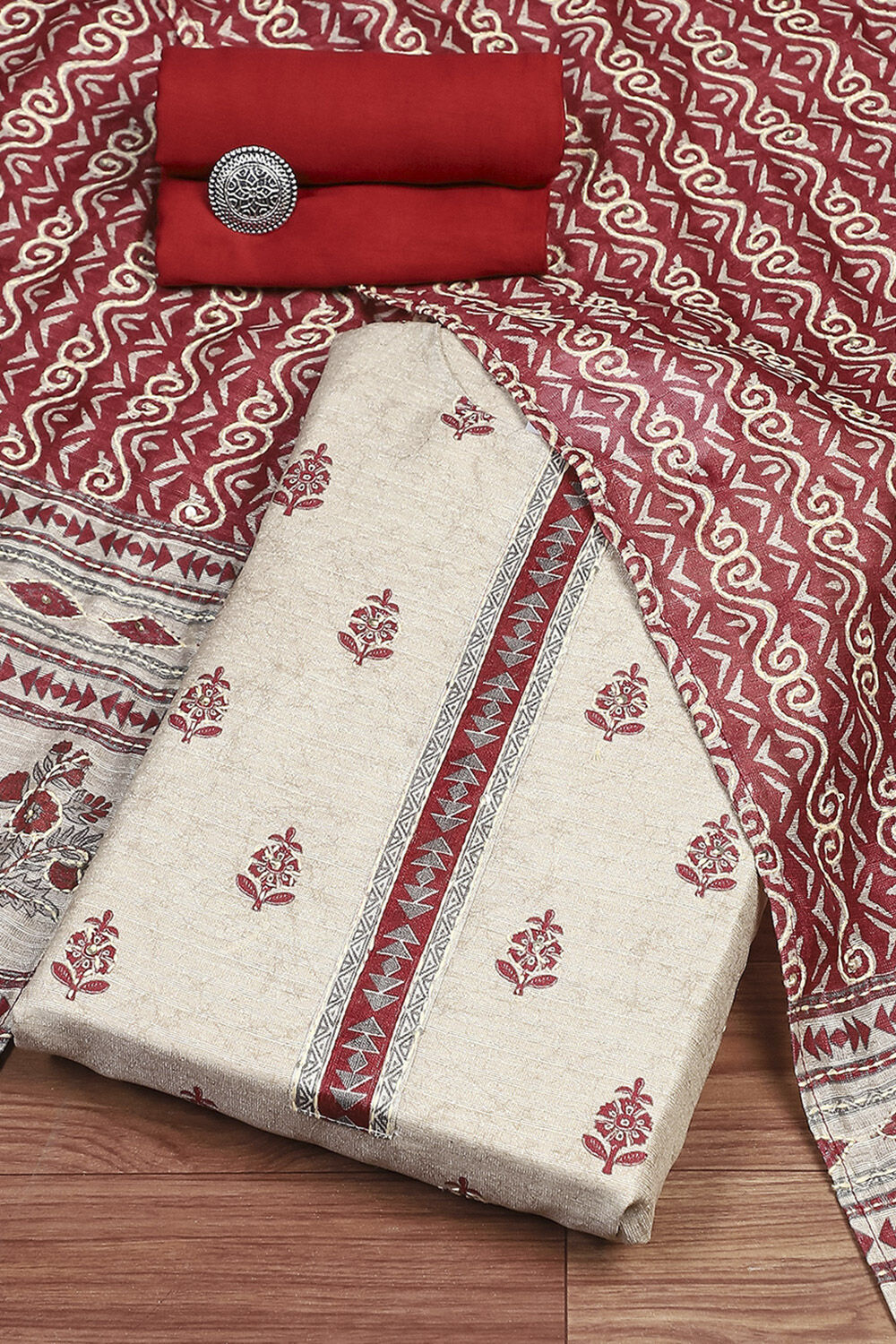 Red Silk Blend Digital Print Unstitched Suit Set image number 0