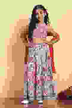 White Viscose Rayon Flared Printed Lehenga Set image number 0