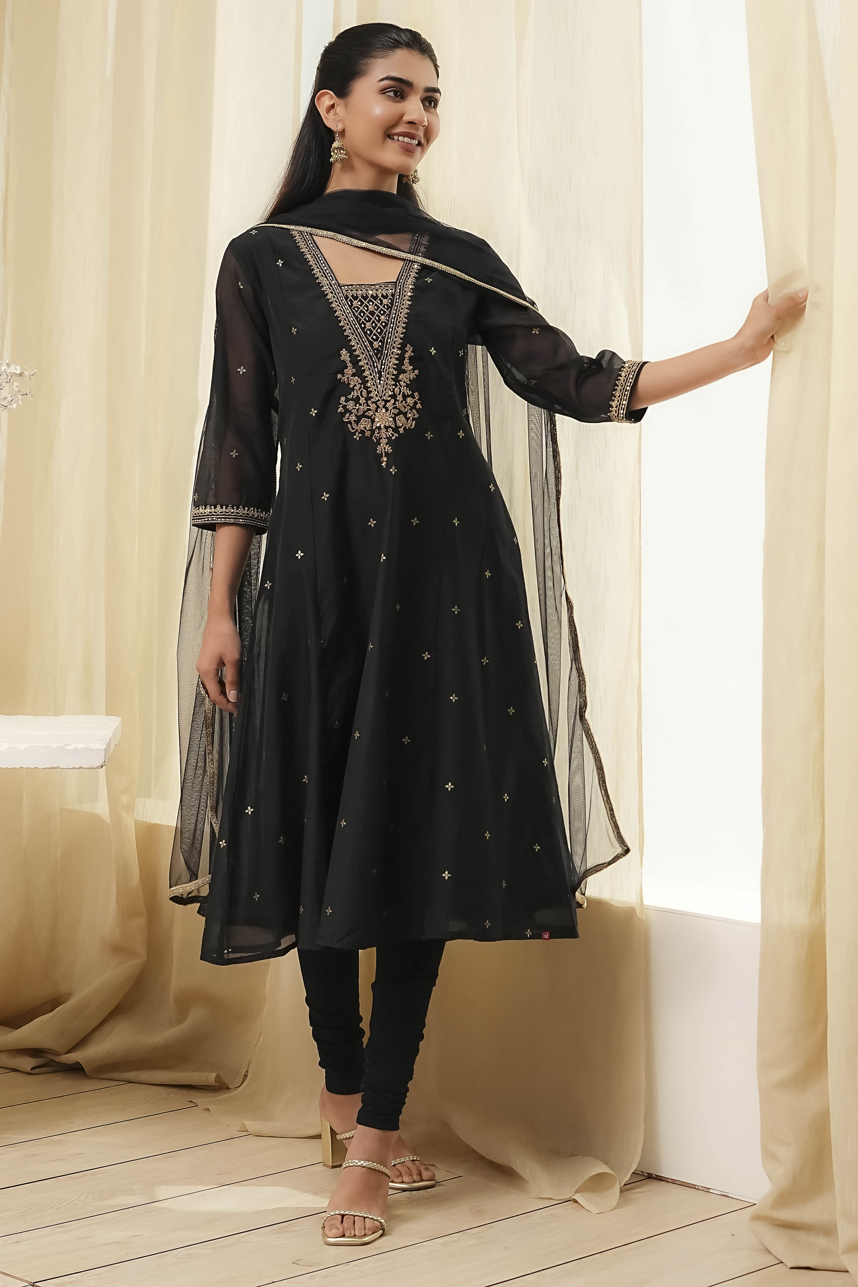 Black Poly Modal Kalidar Suit Set image number 0