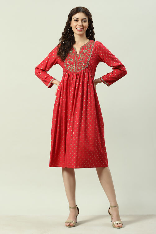 Green Rayon Flared Printed Kurta Dress image number 0