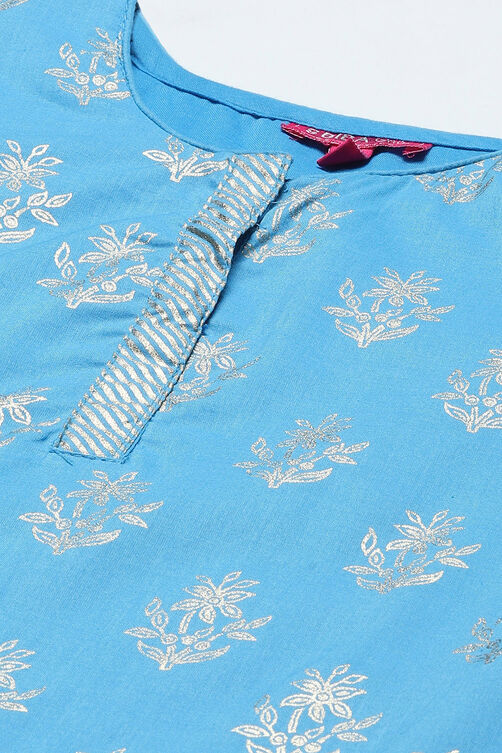Turquoise Cotton Straight Printed Kurta Patiala Salwar Suit Set image number 1