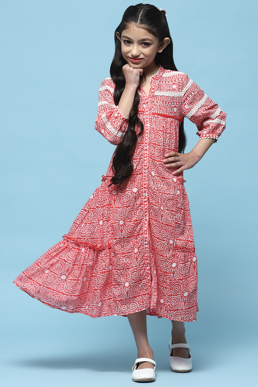 Red Printed Cambric Dress With Front Opening image number 0