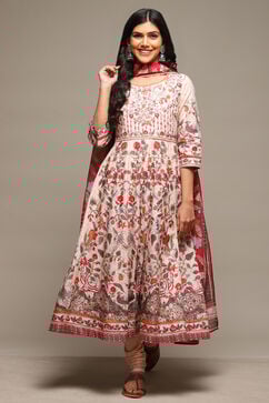 Beige Cotton Anarkali Printed Kurta Suit Set image number 7