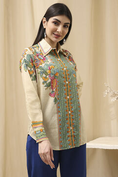 Beige Cotton Floral Printed Shirt image number 2