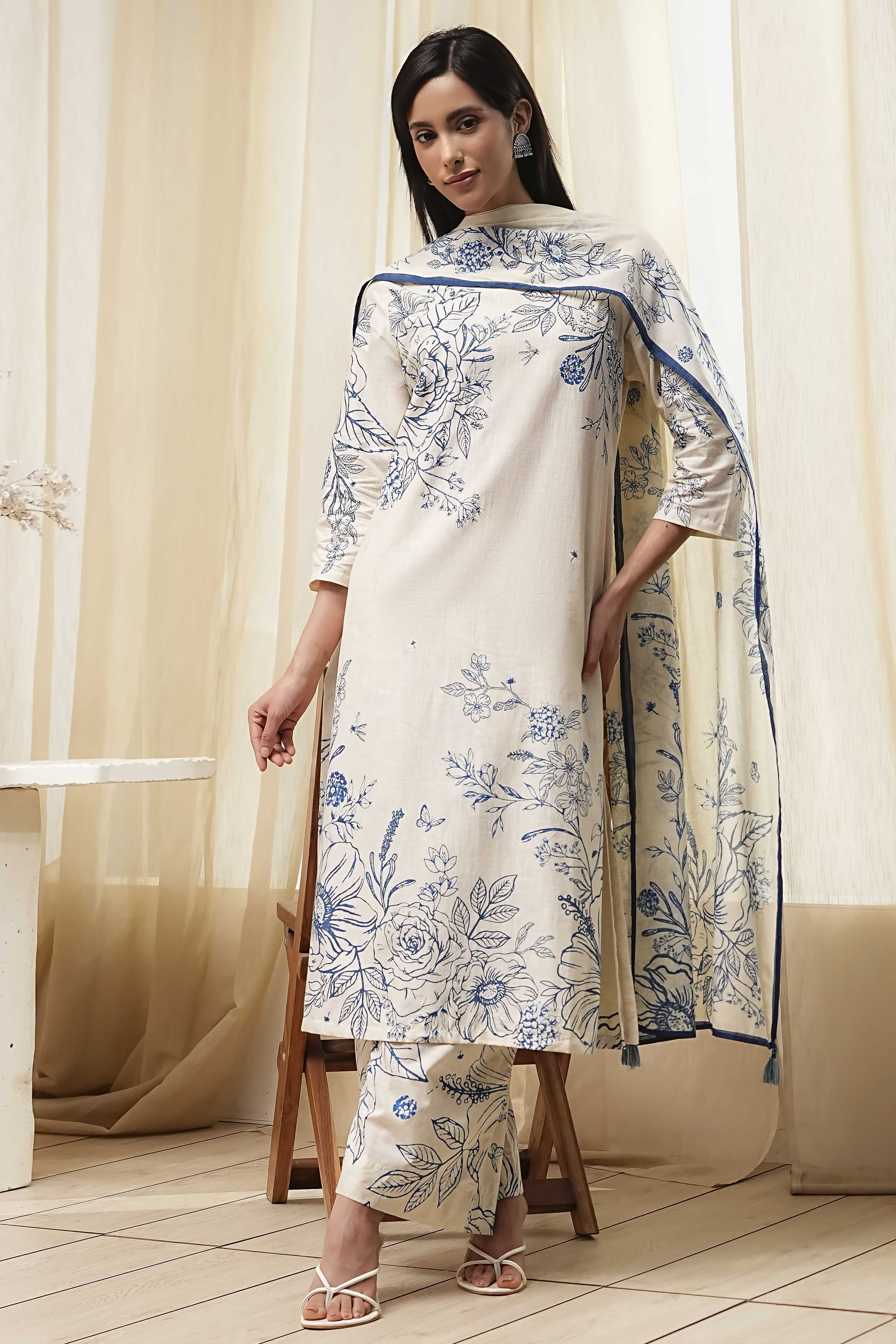 Off-White and Blue Cotton Straight Suit Set image number 0